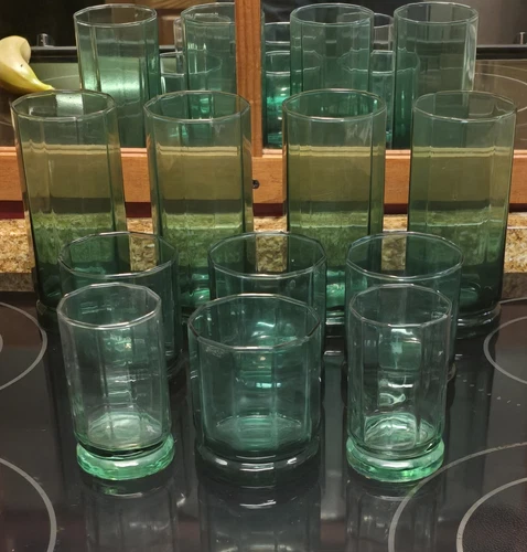 VTG Anchor Hocking Forest Green  Tumblers 3 Sizes Glassware Set of 10 Glasses