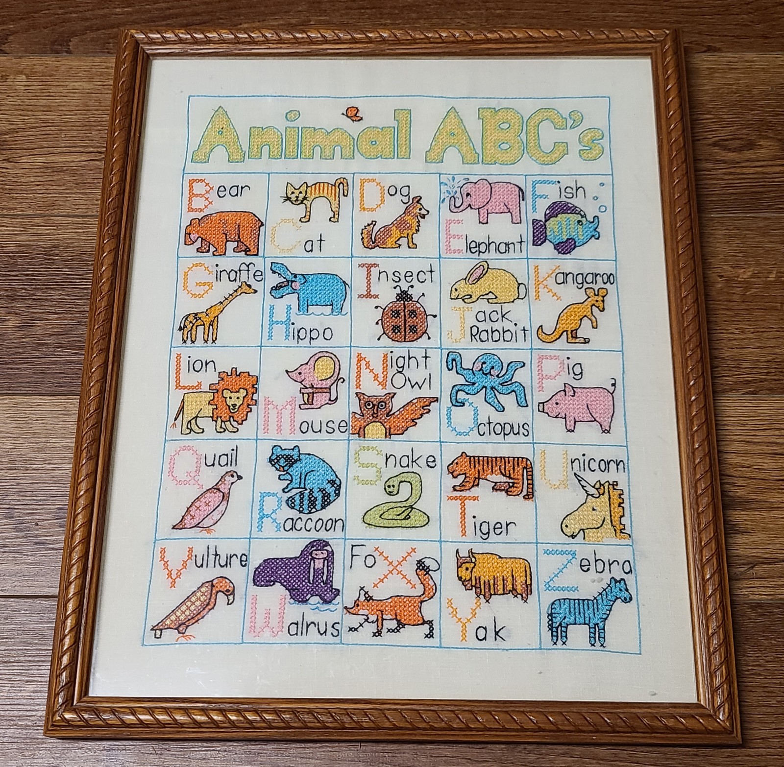 Vintage 1978 Handmade Crossstitch ABC's Framed Wall Art