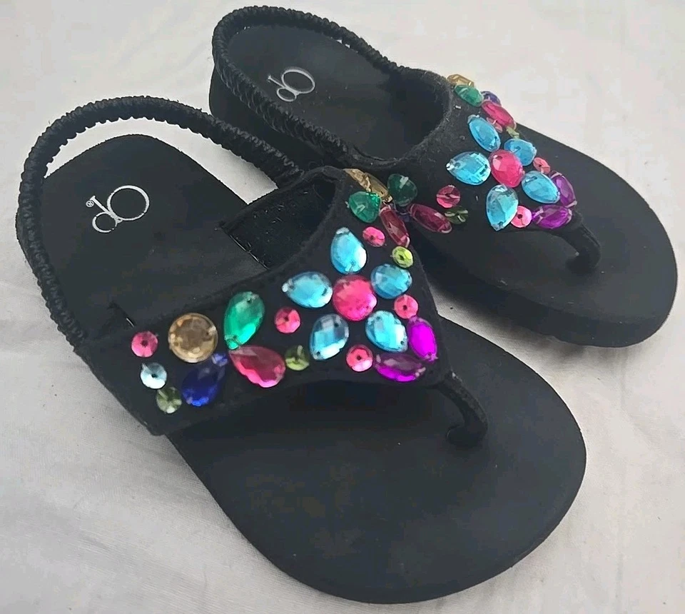 Toddler Girls Op Black Flip Flops with Rhinestones Gems Flowers Ankle Strap 9-10 - Image 2 of 4