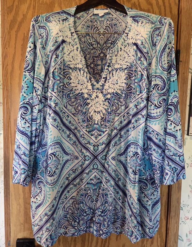 Charter Club Women Sz XXL Blue/White Paisley 3/4 Sleeve  Top New