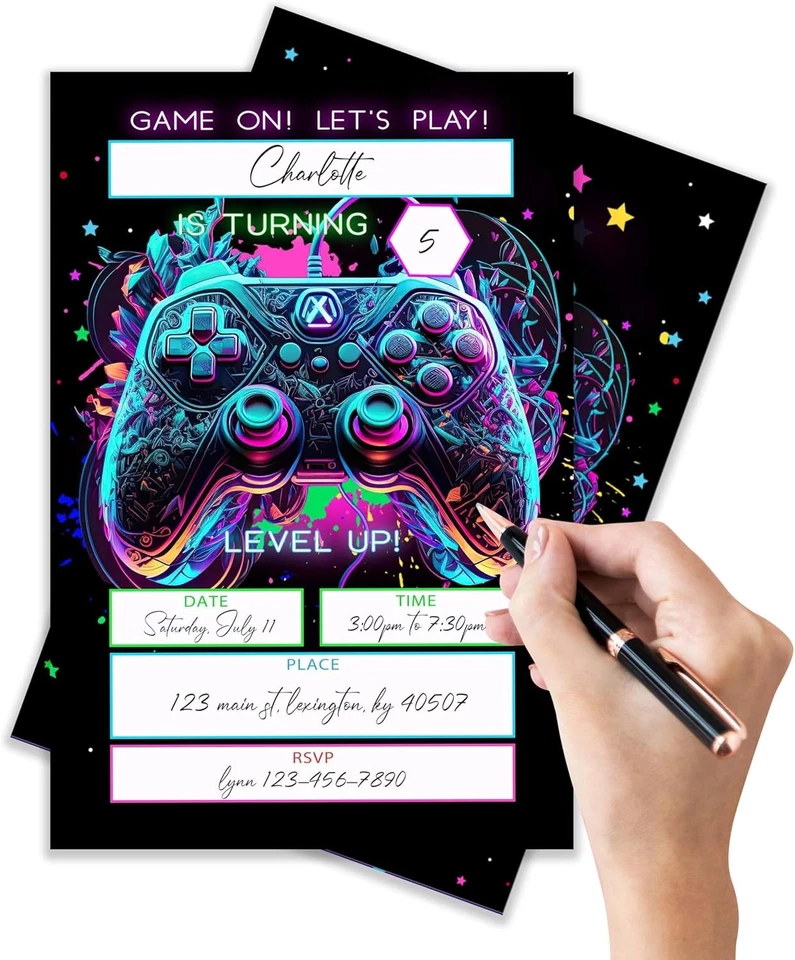 Invitaciones de cumpleaños para jugadores 4x6, videojuego pulgadas, jugador (31)  Foto 3 de 4
