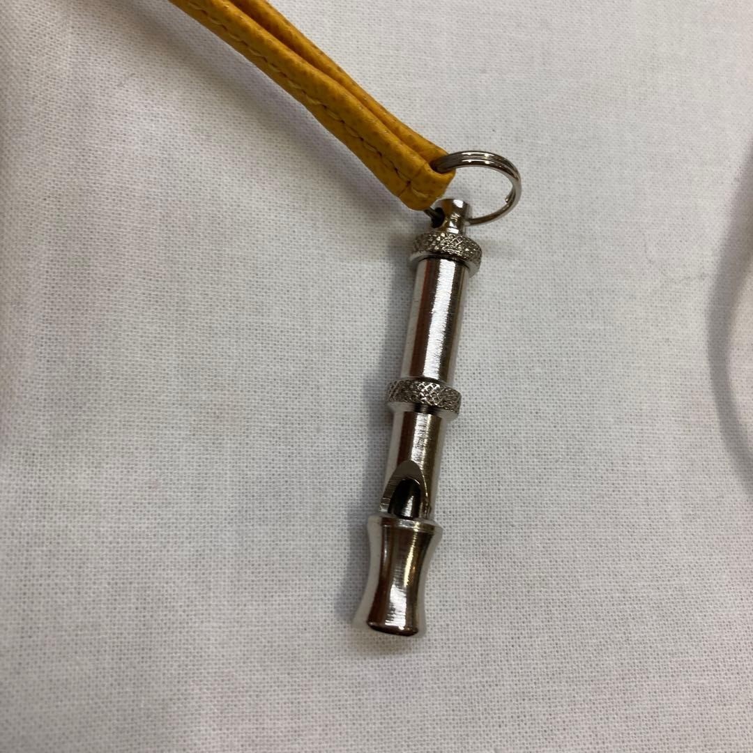 HERMES Chiffre Dog Whistle Metal Leather Necklace Cord Yellow with Box & Manual