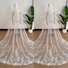 Lace applique Wedding Veil 3 M Long White Ivory Cathedral Bridal Veil with Comb