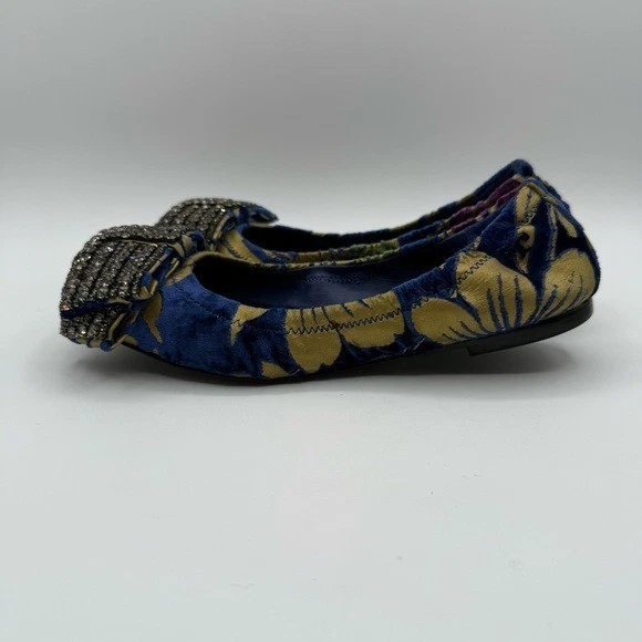 TORY BURCH VIOLA 平底鞋 5 米蓝色黄色花卉水晶蝴蝶结钱包 — 第 3/4 张图片