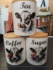 Hand Decorated Black And White Cow Design Tea Coffee And Sugar Set