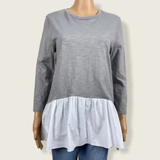 English Factory Slub Knit Ruffled Peplum Hem Shirt Tunic Top LARGE Gray White