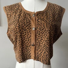 Vintage Italian Womens Suede Leather Leopard Print Sleeveless Button Up Top Vest