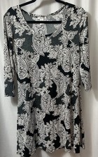 VASNA Women’s Small Black White Paisley Floral 3/4 Sleeve Tunic Dress boho work