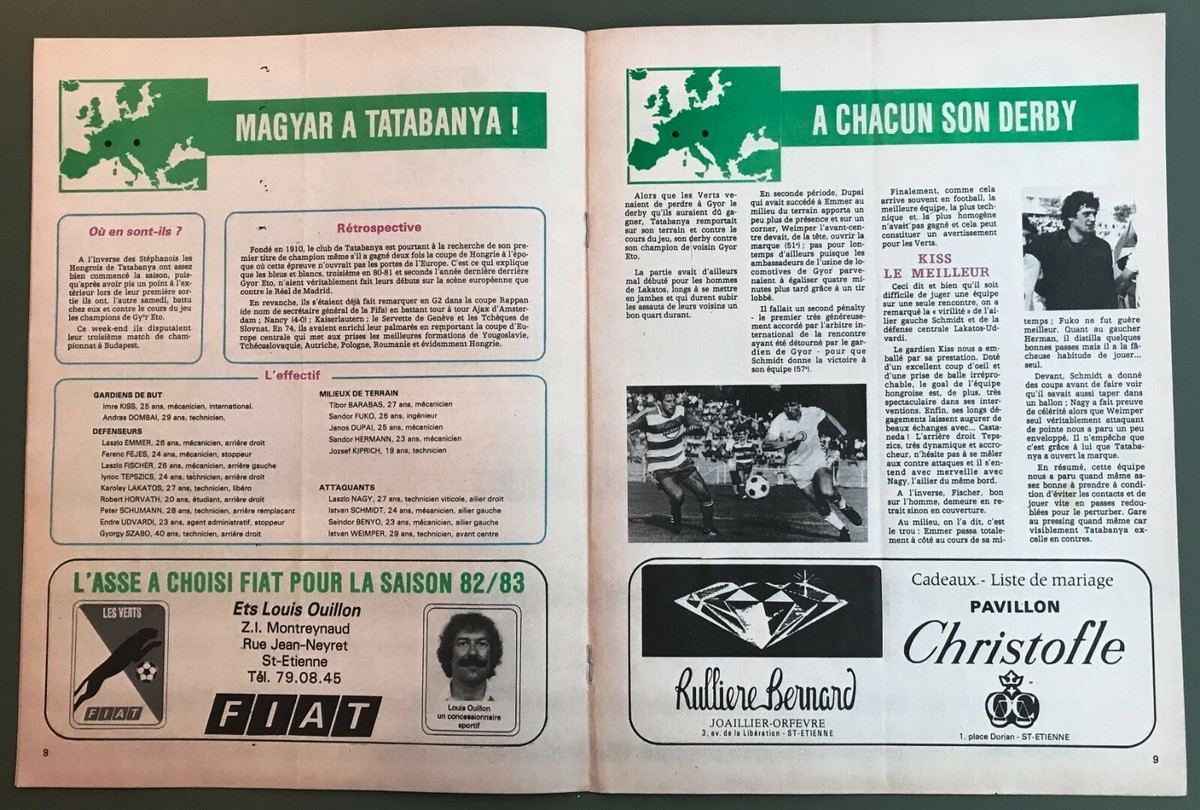 Programme ASSE - Tatabanya Coupe UEFA 1982 - Rare édition Originale