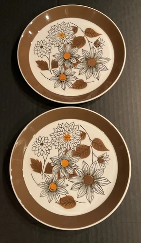 VTG MCM Mikasa Duplex Frolic Salad Plates 7 3/4” Ben Seibel, Brown Floral (2)