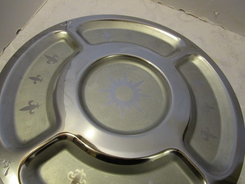 Vintage Chrom Edelstahl 5 Abschnitte Genusstablett Fleur De Lis Sunburst 17,5"W 1960 - Bild 3 von 11