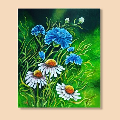 Wild Flowers Chamomile Cornflower Oil Painting Canvas Floral Art
