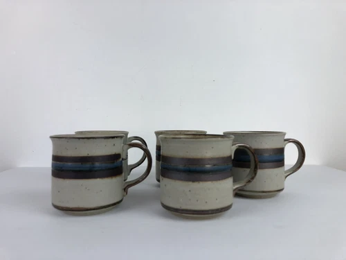 Otagiri Horizon Coffee Mugs 3.5" Blue Stripe 5 Flat Cups Stoneware Japan