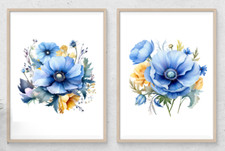 Floral Wall Art Prints, 2 Blue Floral Wall Art Prints, Botanical Art Decor 23