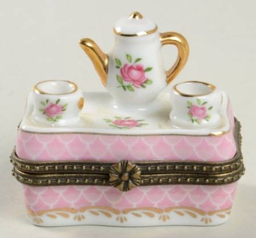 Vintage China Tea Time Trinket or Pill Box Pink Roses Teapot Teacups Not Hinged