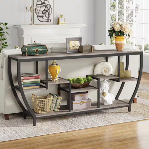 New 71" Gray Wood Console Table 3-Tier Storage Extra Long Entryway Sofa Table
