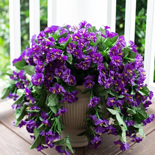 Artificial Fake Hanging Flowers Plants 2PCS Faux Silk Purple Morning Glory Vi... - Picture 1 of 8