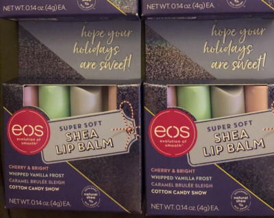 2x EOS Holiday Set Super Soft Shea Lip Balm 4 Pack Cherry-Vanilla-Caramel-Candy