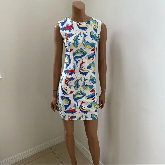 KENZO Paris Mini Abito Crepe Bianco Stampa Pesce S