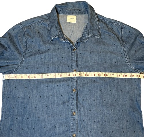HARPER Star Print Denim Shirt Size MEDIUM Blue Roll Tab Sleeve Button Top Slit - Picture 12 of 12