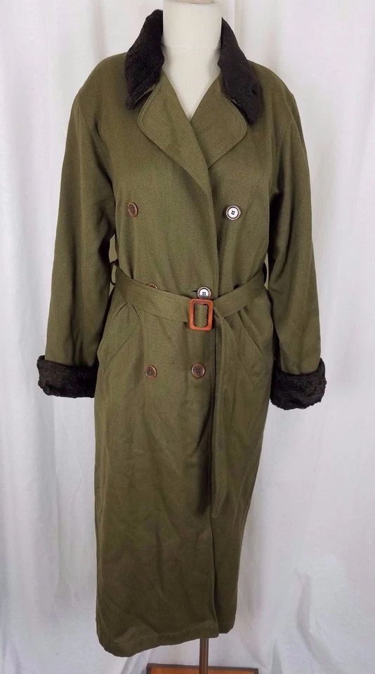 Maxi gabardina larga Liz Claiborne Lizsport lana peinada piel sintética para mujer PM