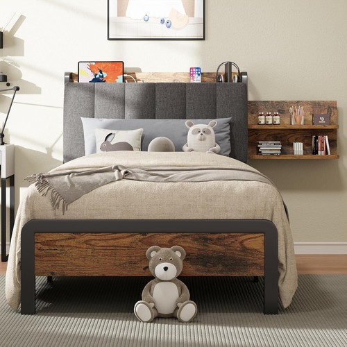 Space-Saving Twin Platform Bed with Retractable Shelf and Easy Assembly Design - Picture 11 of 11