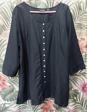 Avenue Linen Blend Button Down Elbow Sleeve Black Shirt Women's 30/32