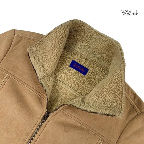 Replay Faux Sheepskin Lined Suede Long Jacket - Beige / Brown - Size L - Picture 3 of 4