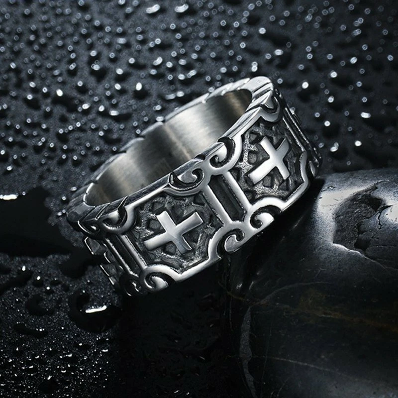 Anillo de cruz cristiana gótica de acero inoxidable para hombre MENDEL para hombre talla 6-15 Foto 3 de 4
