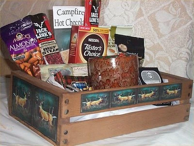 HANDCRAFTED Deer Hunters Gift Basket Wood Crate Coffee Mug Candy Nuts Cards Jerky Mens Gifts