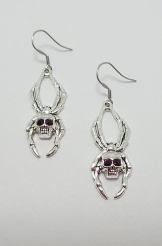 Gothic Silver Spider Skull Arachnid Earrings Goth Witch Vampire Halloween - Picture 4 of 14