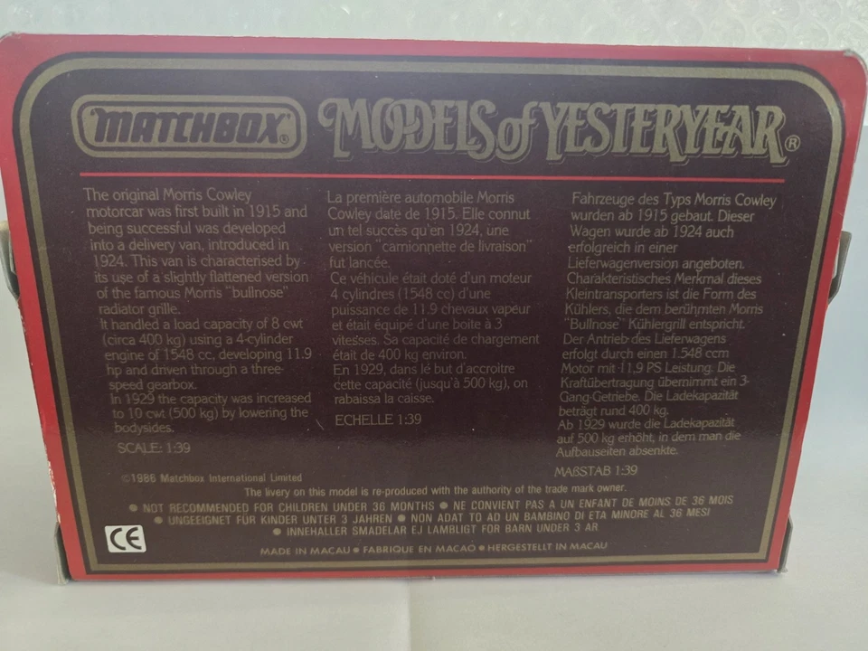 MATCHBOX MODELS OF YESTERYEAR Y19 BLUE 1929 MORRIS COWLEY BRASSO VAN 1/39 NIB - Image 2 of 4