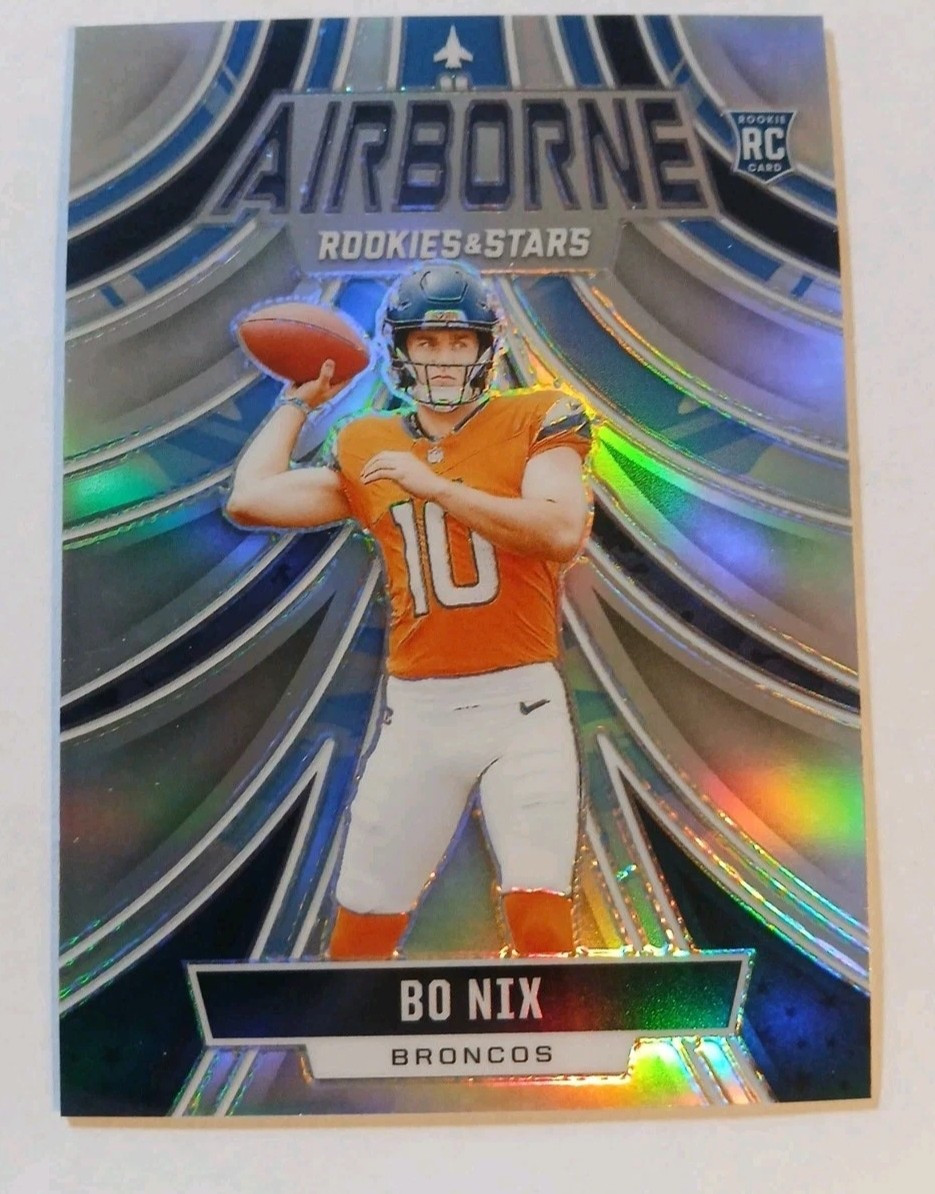 Bo Nix 2024 Rookies and Stars Airborne Silver Prizm Broncos SP RC #A-BNX