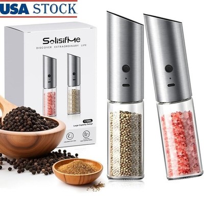 USB Rechargeable Gravity Salt Pepper Grinder Set LED Light Adjustable Coarseness
