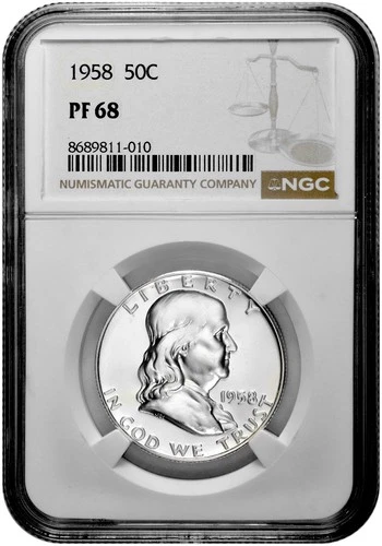 1958 50C Proof Silver Franklin Half Dollar NGC Graded PF 68 in New Holder