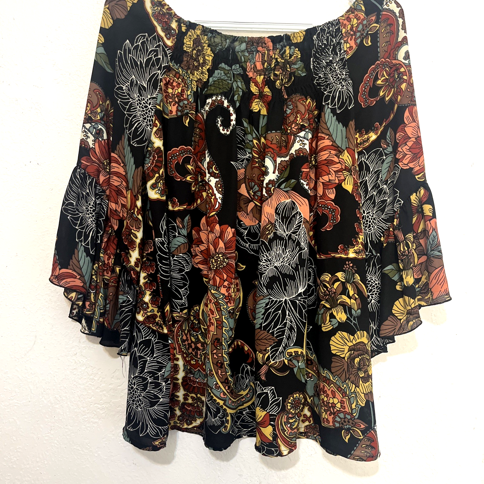 Spence blouse top smocked floral paisley black flowy boho peasant womens SZ L