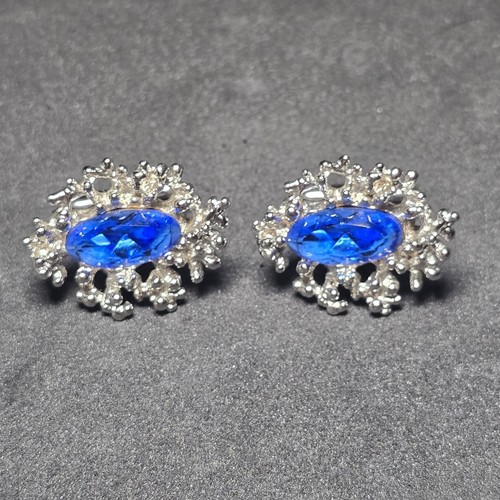 Swank Silver Tone Blue Crystal Cufflinks Cuff Links Unisex Vintage Career Formal - Picture 2 of 6