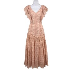 LoveShackFancy Pink Cressida Dress P/00 Cascade Ruffle V-Neck Eyelets Flutter 