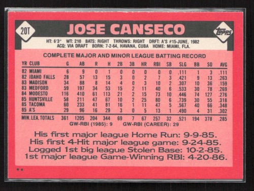 1986 Topps Traded #20T Jose Canseco - quasi nuovo/MT+ - Foto 2 di 2