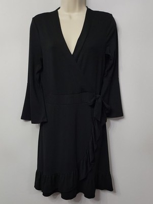 Cupio Black Faux Wrap Dress S Small Bell Sleeve Ruffle V-Neck Mini Knit LBD