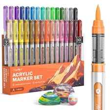 JusArt Acrylic Paint Markers Brush Tip 30 Colors for School Art, Water-Based ...