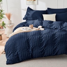 Navy Blue Duvet Cover King Size, Ultra Soft 3-Piece Seersucker Duvet Cover Se...