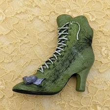 Vintage Moss Green Resin Victorian Boot Brooch Pin Laced High Heel Pastel Shoe