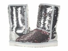 UGG Womens Classic Short Sequin Sparkles Boots Silver Pink Reversible SZ 8