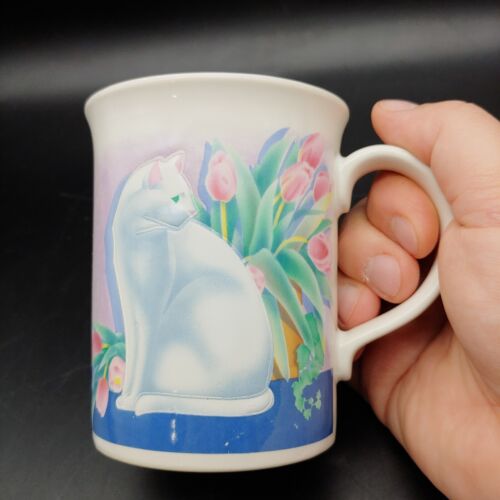 Otagiri Pure White Cat Tea Coffee Mug - 10oz vtg Green Eyes Pink Tulip Flowers - Picture 2 of 7