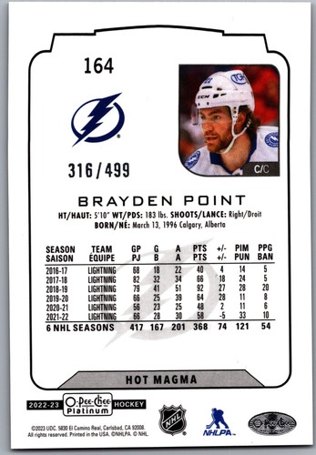 22-23 O-PEE-CHEE PLATINUM HOT MAGMA BRAYDEN POINT /499 #164 TAMPA BAY LIGHTNING - Picture 2 of 2