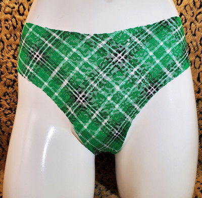 Victoria's Secret PINK Plaid Green Floral Lace Thong String Panty L Sexy