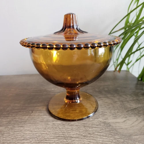 Indiana Glass Candy Dish Lid Amber Vtg Beaded Edge Pedestal Fall Autumn
