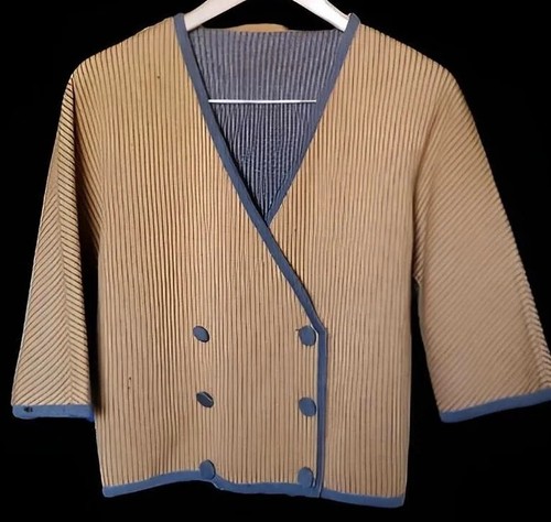 VTG 60s Pin Stripe Reversible Mod Double-Breasted 3/4 Sleeve Wool Cardigan Sz L - Picture 3 of 12