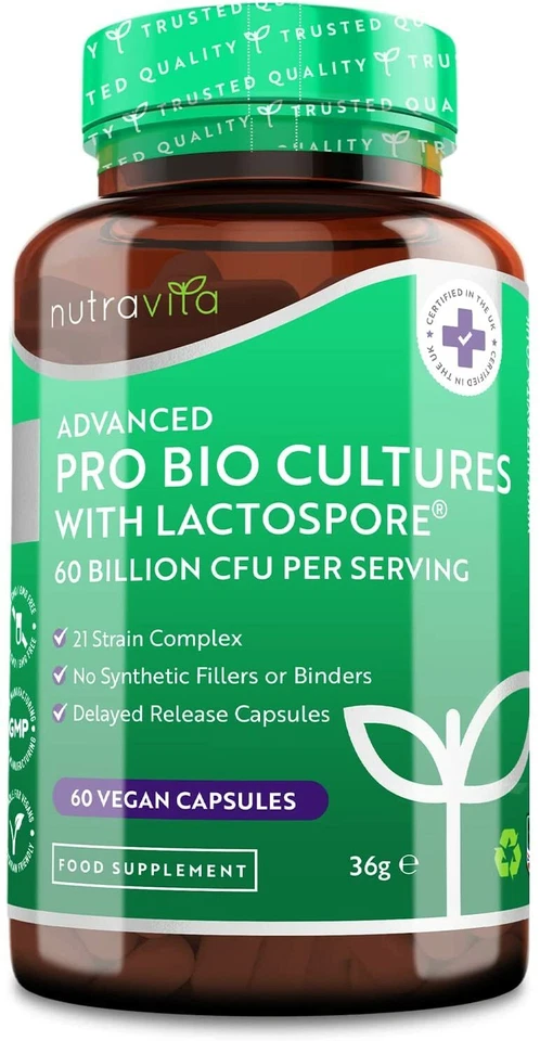NUTRAVITA Pro Bio Cultures Complex 60 Billion CFU w/ Lactospore - Digestive Health - Vegan